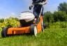 A person mowing the lawn with plants and shrubs in the background