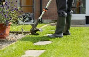 Gardener trimming lawn edge with electric trimmer