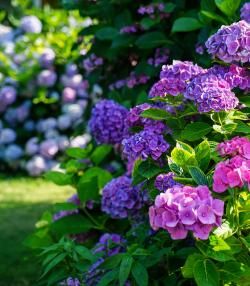 A border of purple and pink hydrangea flowers in a New Zealand garden.