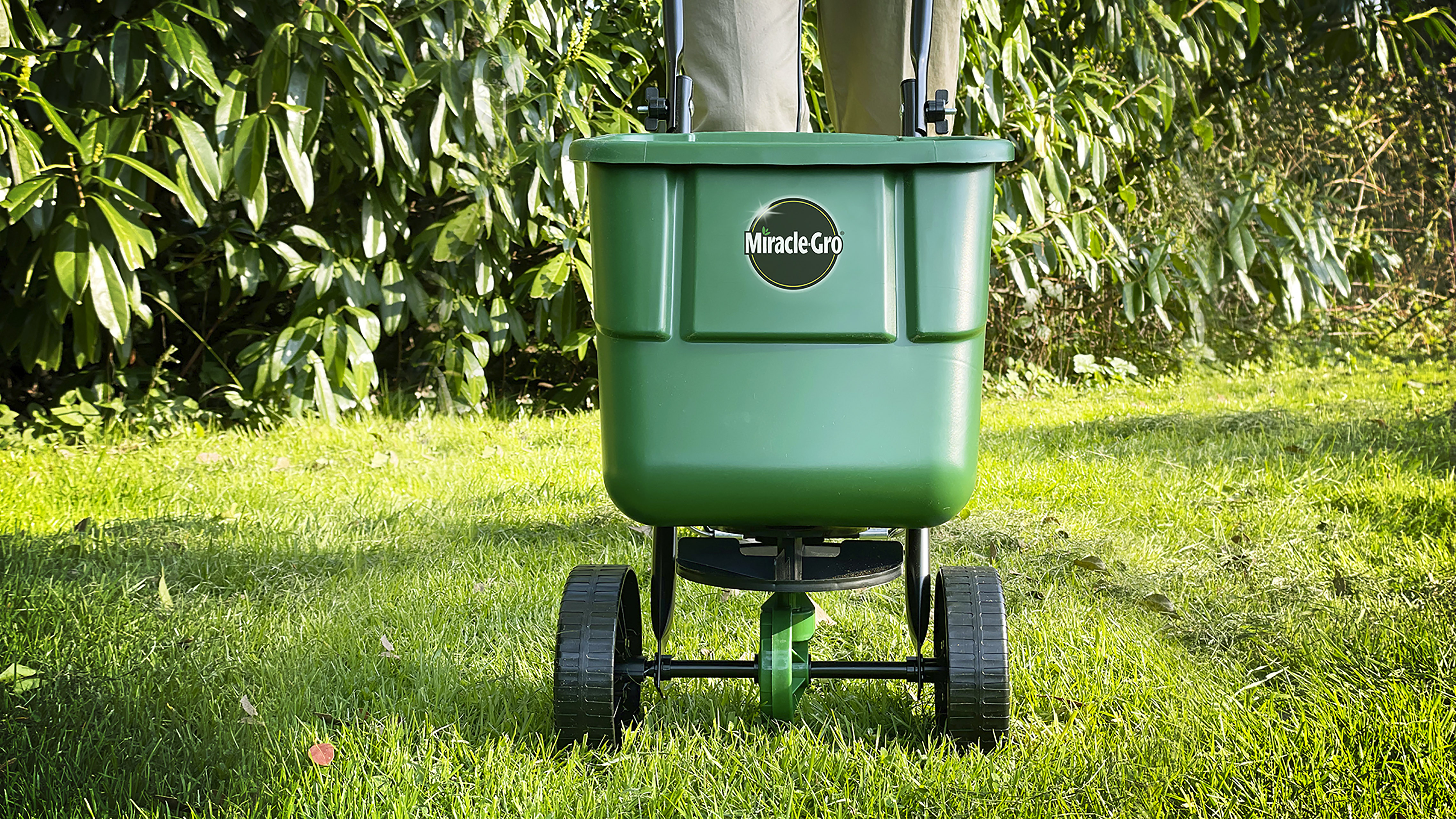 A person pushing a Miracle-Gro Rotary Spreader on a lawn.