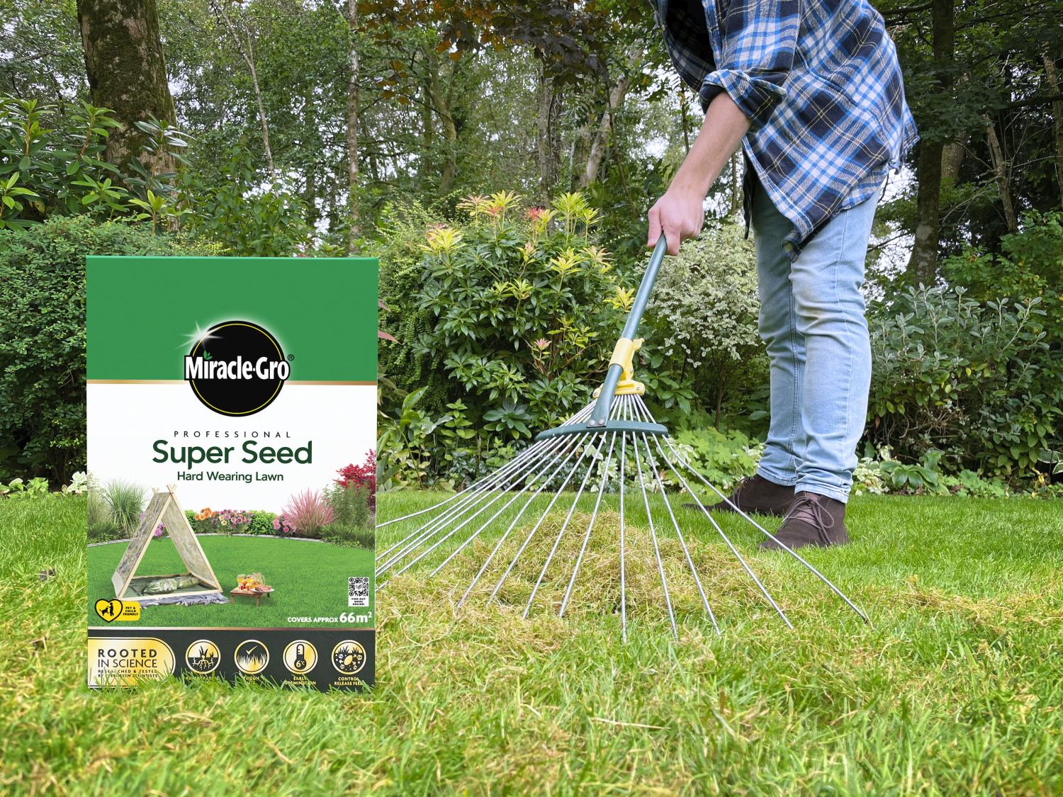 A gardener raking Miracle-Gro Professional Super Seed Hard Wearing into the lawn.